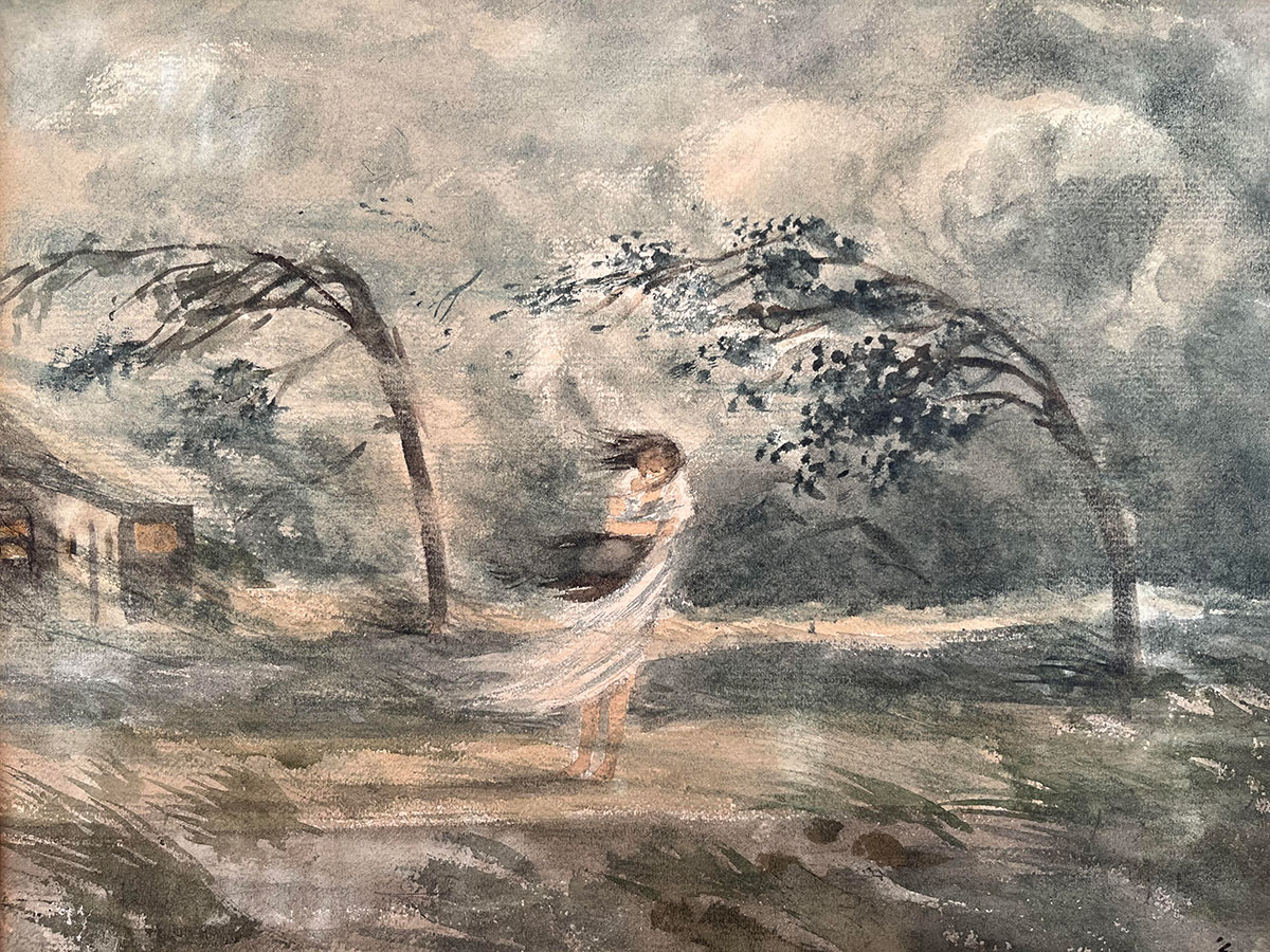 Une Femme dans la tempête, aquarelle sur carton, 23/30, années 1930, collection familiale.